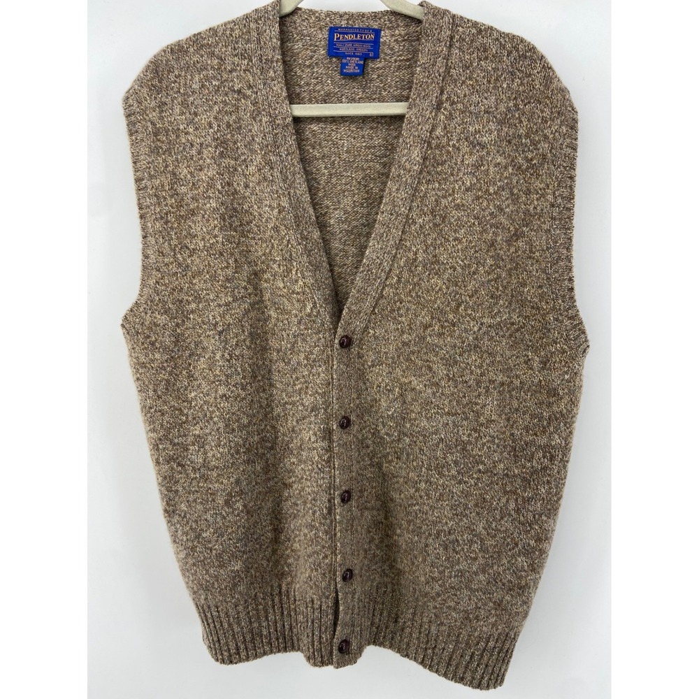 Pendleton Cardigan Sweater Vest Mens Large Tan Shetland Wool Grandpa Academic‎